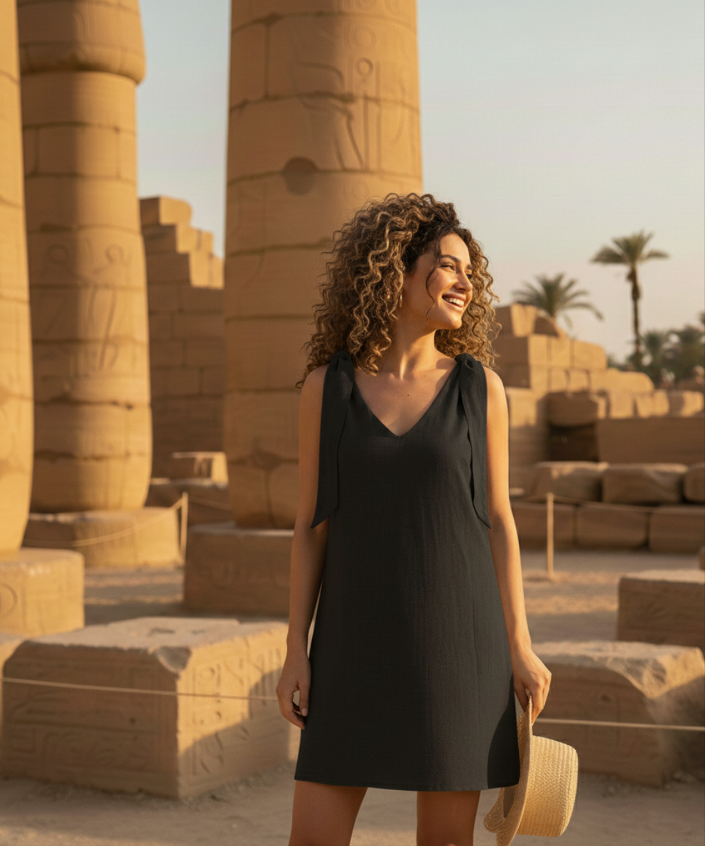 Woman in a black dress standing in front of ancient Egyptian columns.