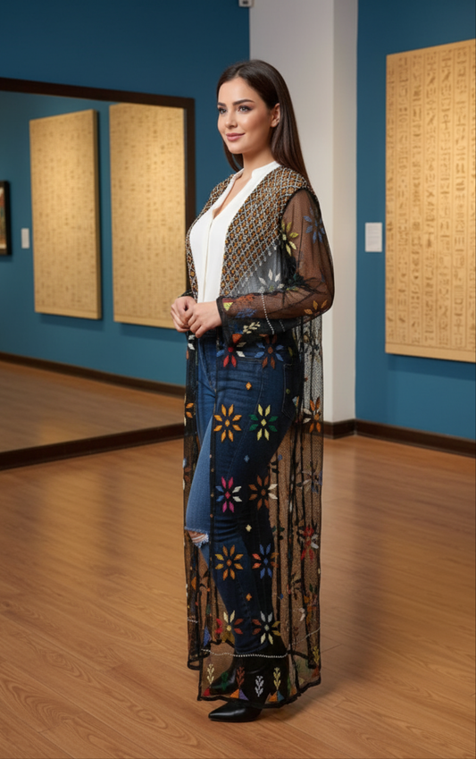 Woman in a stylish outfit wearing a Tally cardigan standing in an art gallery with blue walls and framed artwork.