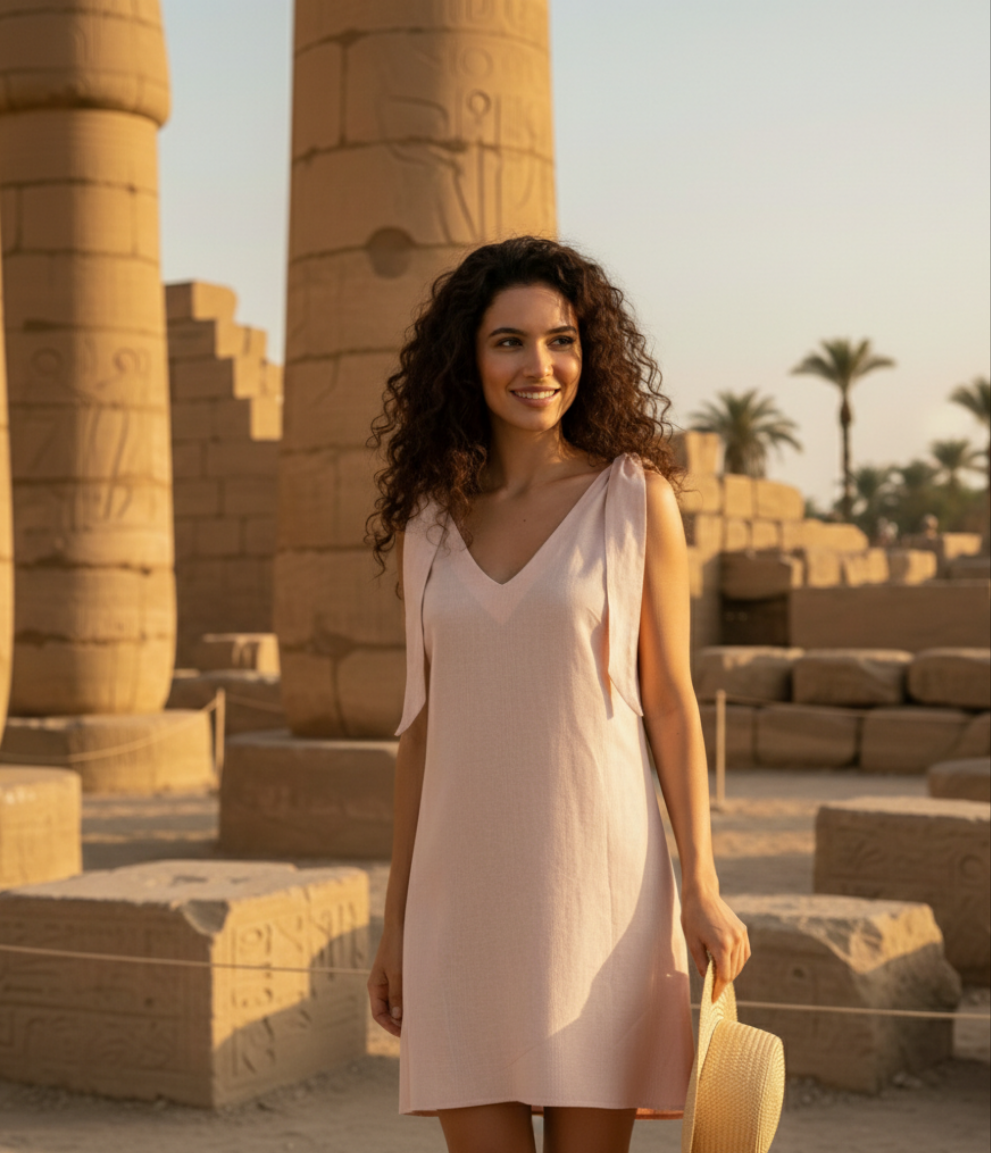 Woman in a light dress standing in front of ancient temple columns.