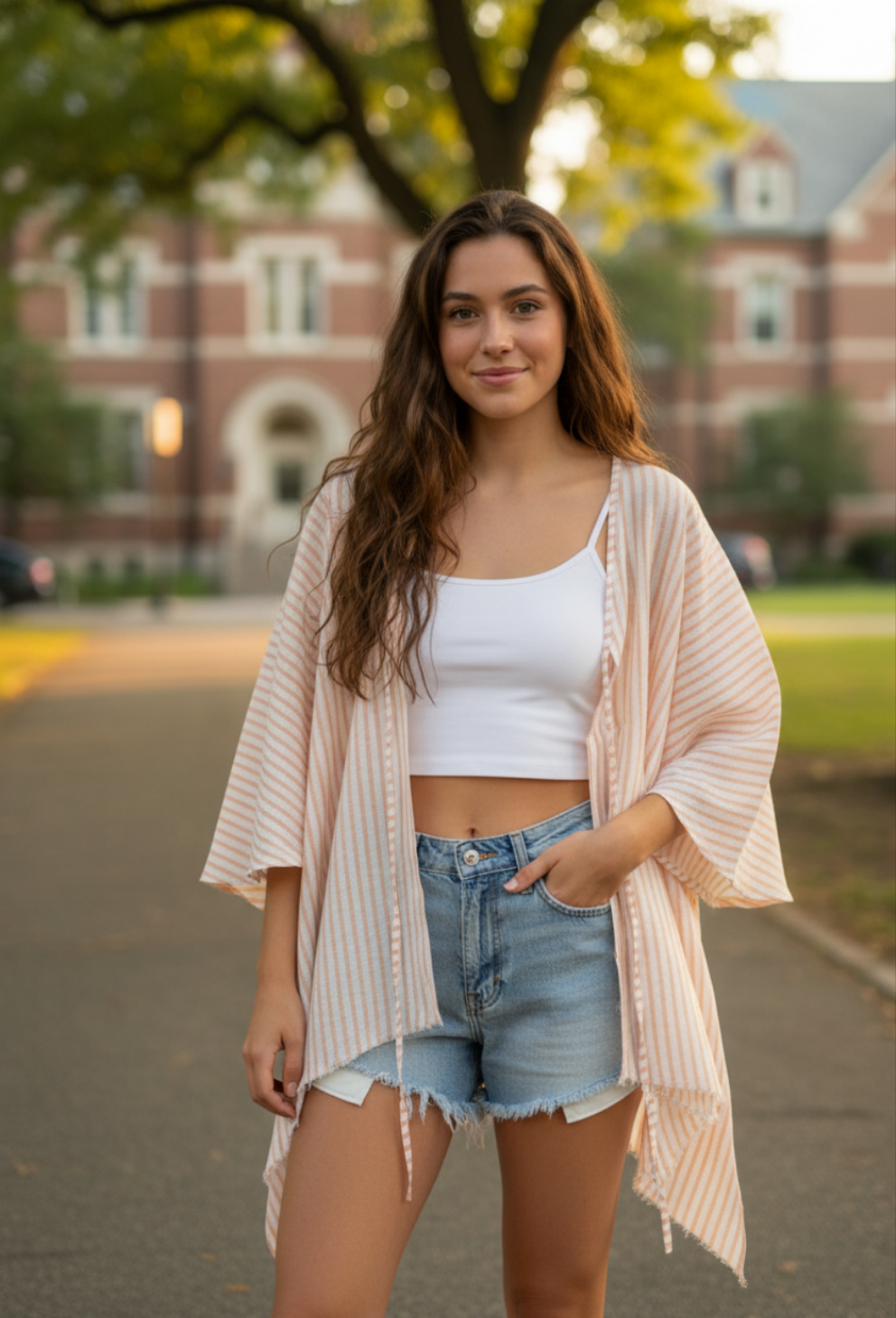 Woman standing outdoors in a casual setting with a building in the background