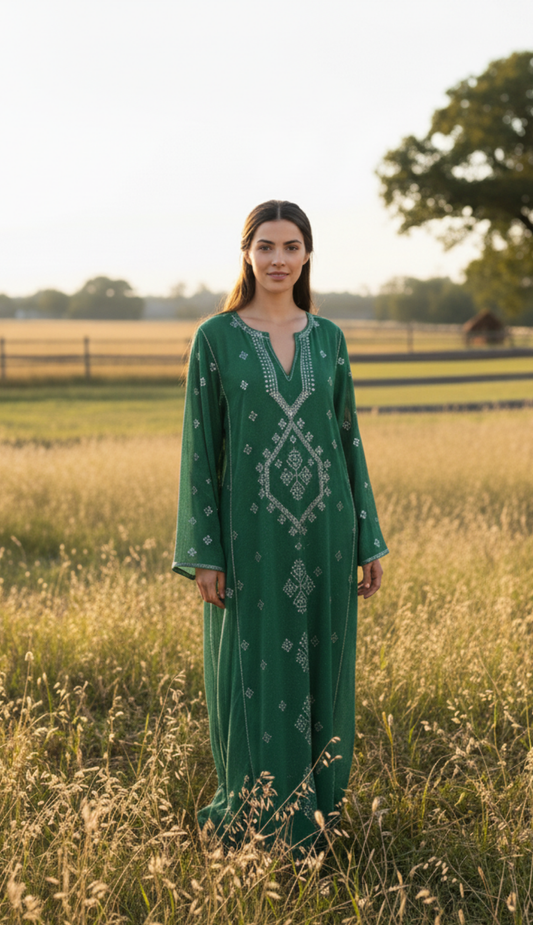 Woman in a green dress standing in a field with trees in the background