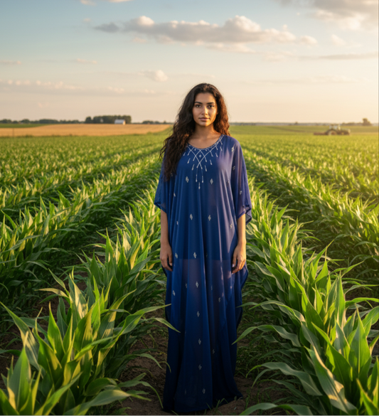 Woman in a blue dress standing in a field with a clear sky