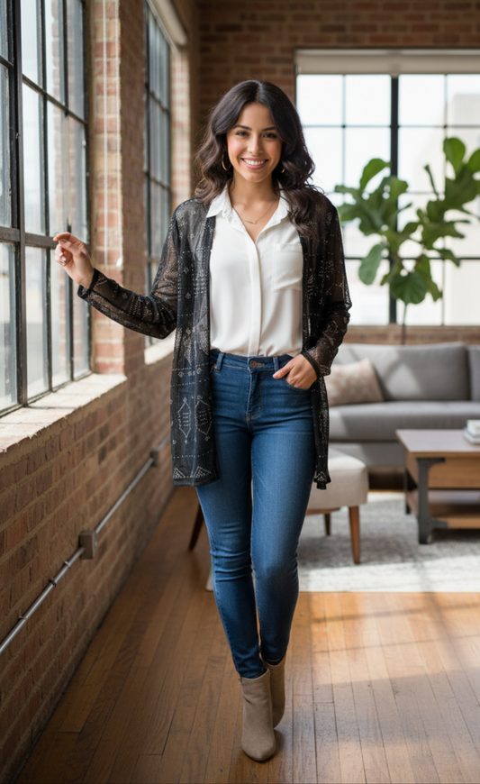 Woman standing in a modern living room wearing embroidered Tally jacket