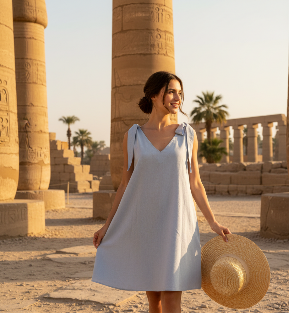 Woman in a white dress standing in front of ancient Egyptian temple columns.