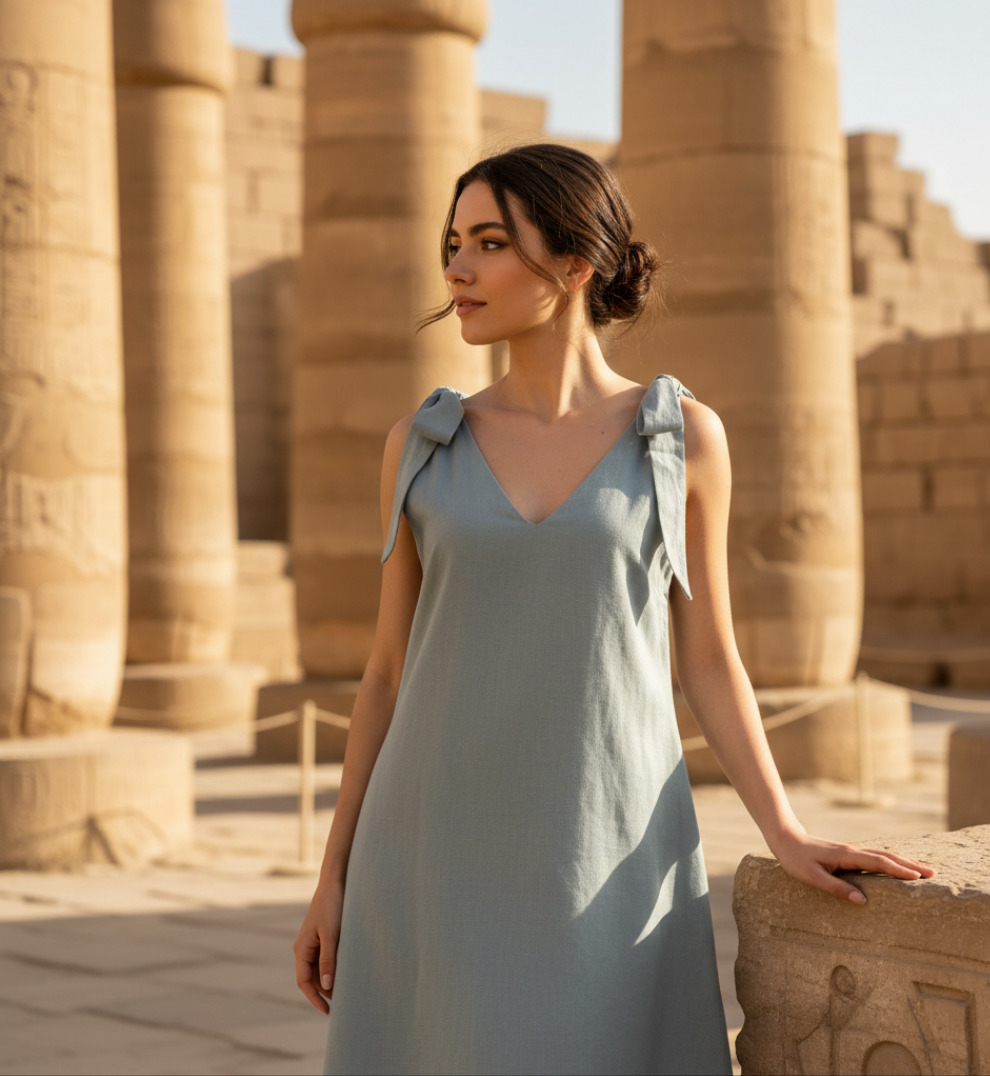Woman in a light blue dress standing in front of ancient stone columns.