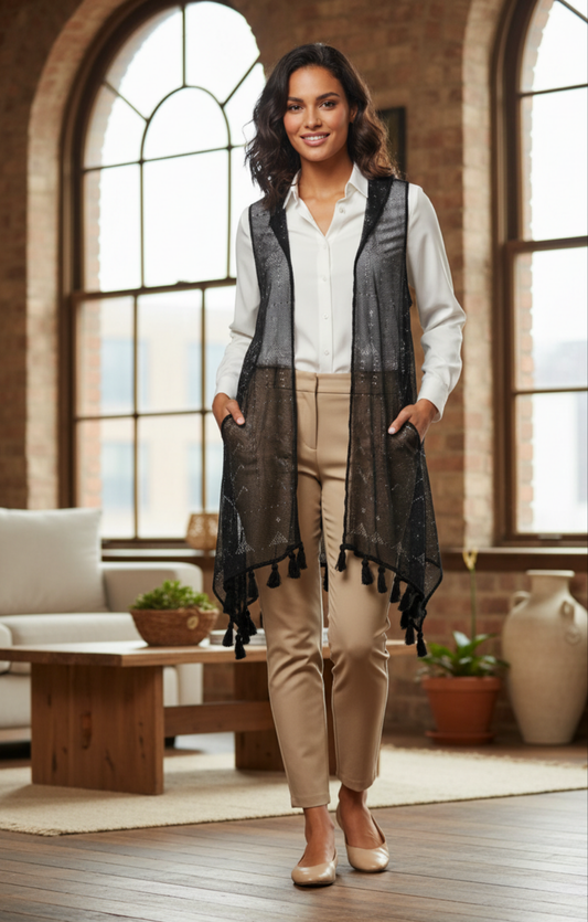 Woman standing in a living room wearing a white shirt, beige pants, and a black scarf.