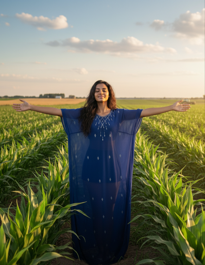 Woman in a blue dress standing in a field with arms outstretched