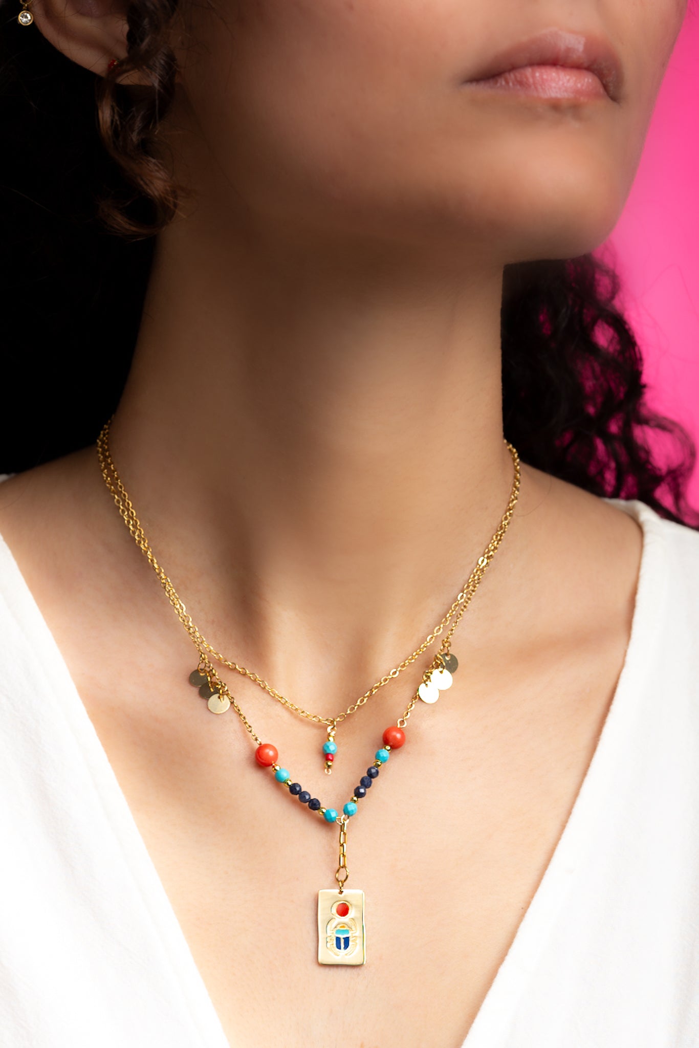 Gold-Plated Khepri Pendant Necklace with Coral, Sapphire, and Howlite Stones