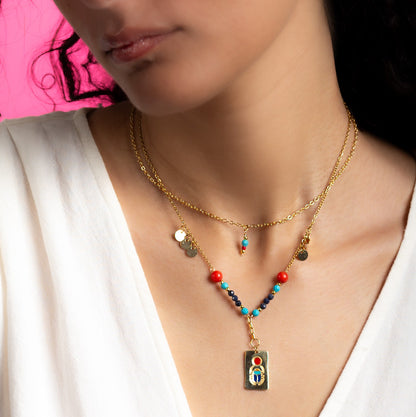 Gold-Plated Khepri Pendant Necklace with Coral, Sapphire, and Howlite Stones