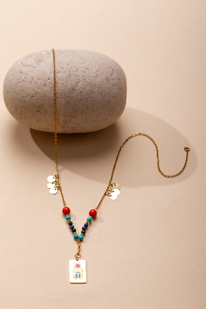 Gold-Plated Khepri Pendant Necklace with Coral, Sapphire, and Howlite Stones