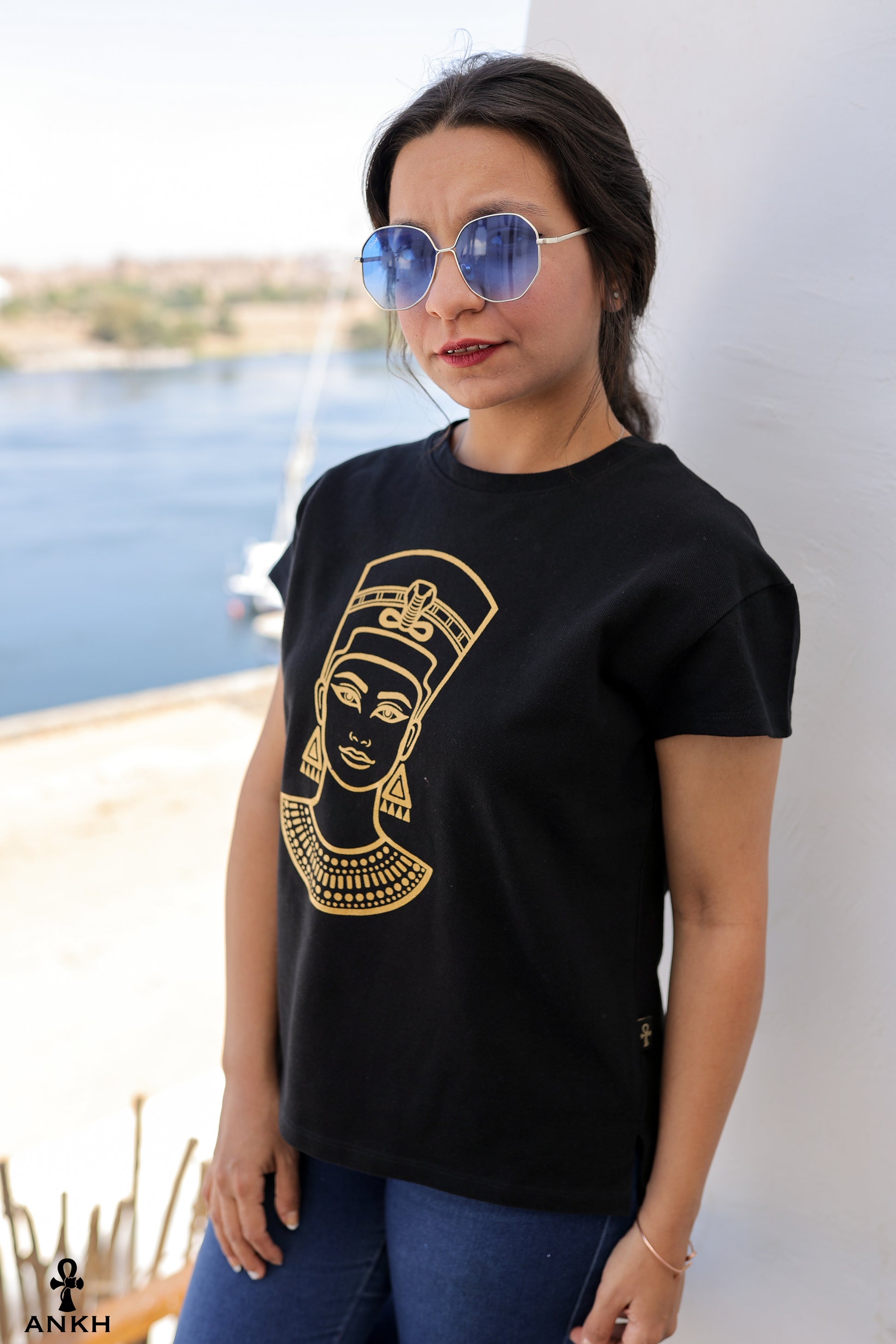 Cotton t-shirt for women with Egyptian Queen cleopatra print by Egyptian brand Ankh Egypt for authentic Egyptian fashion and styles