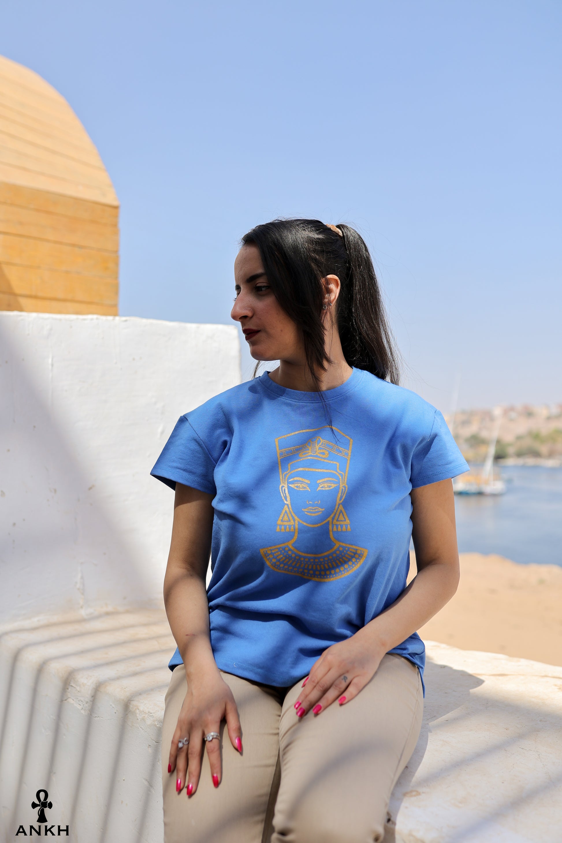 100% cotton tshirt, premium cotton t-shirts with cleopatra print by Egyptian brand ankh Egypt for authentic Egyptian fashion