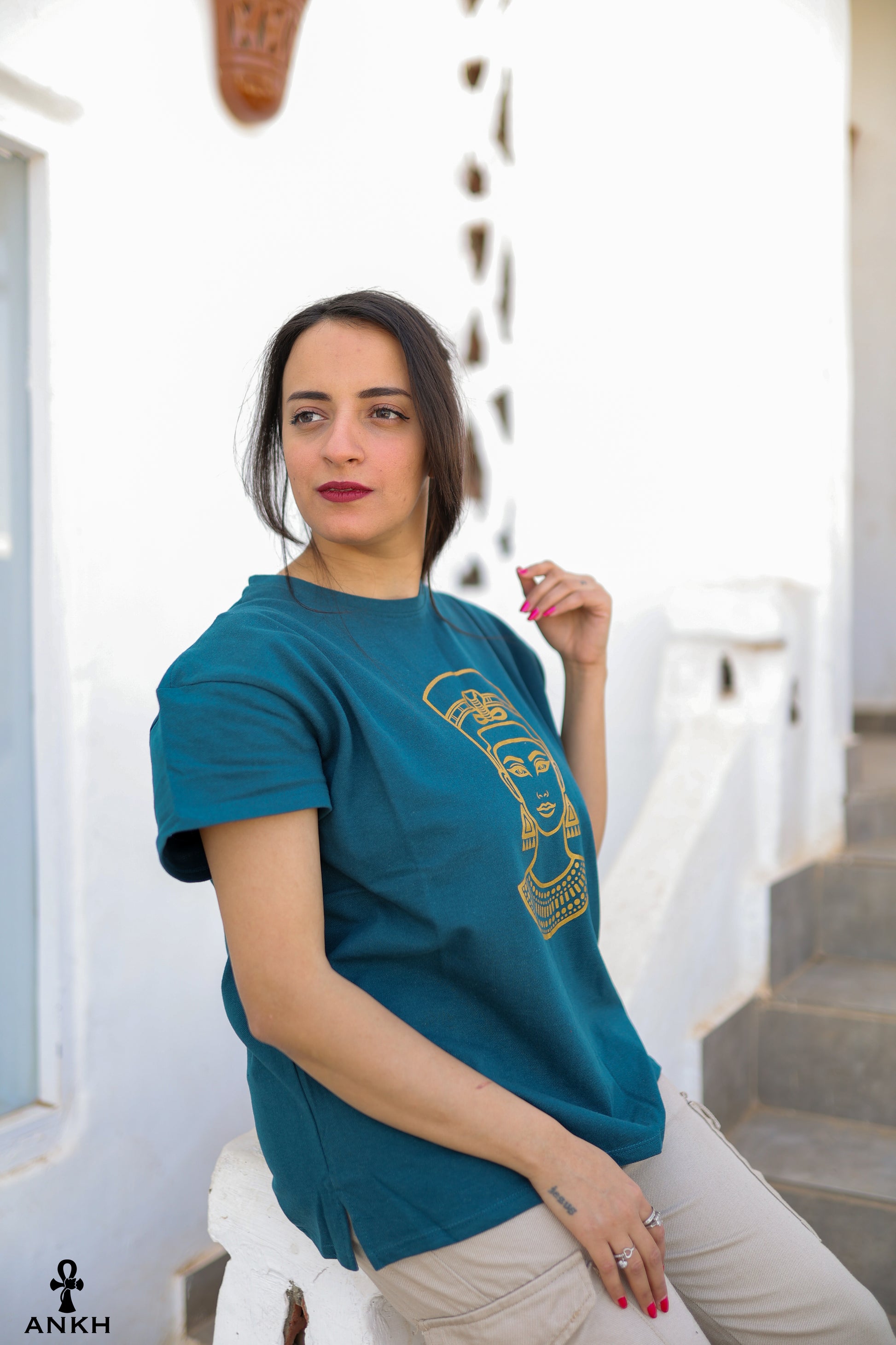 Cotton t-shirt for women with Egyptian Queen cleopatra print by Egyptian brand Ankh Egypt for authentic Egyptian fashion and styles