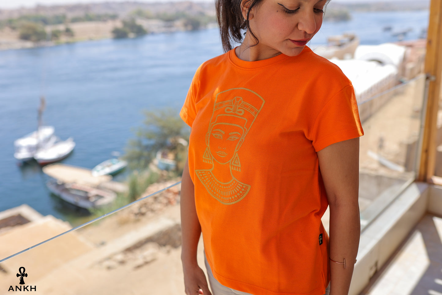 Cotton t-shirt for women with Egyptian Queen cleopatra print by Egyptian brand Ankh Egypt for authentic Egyptian fashion and styles