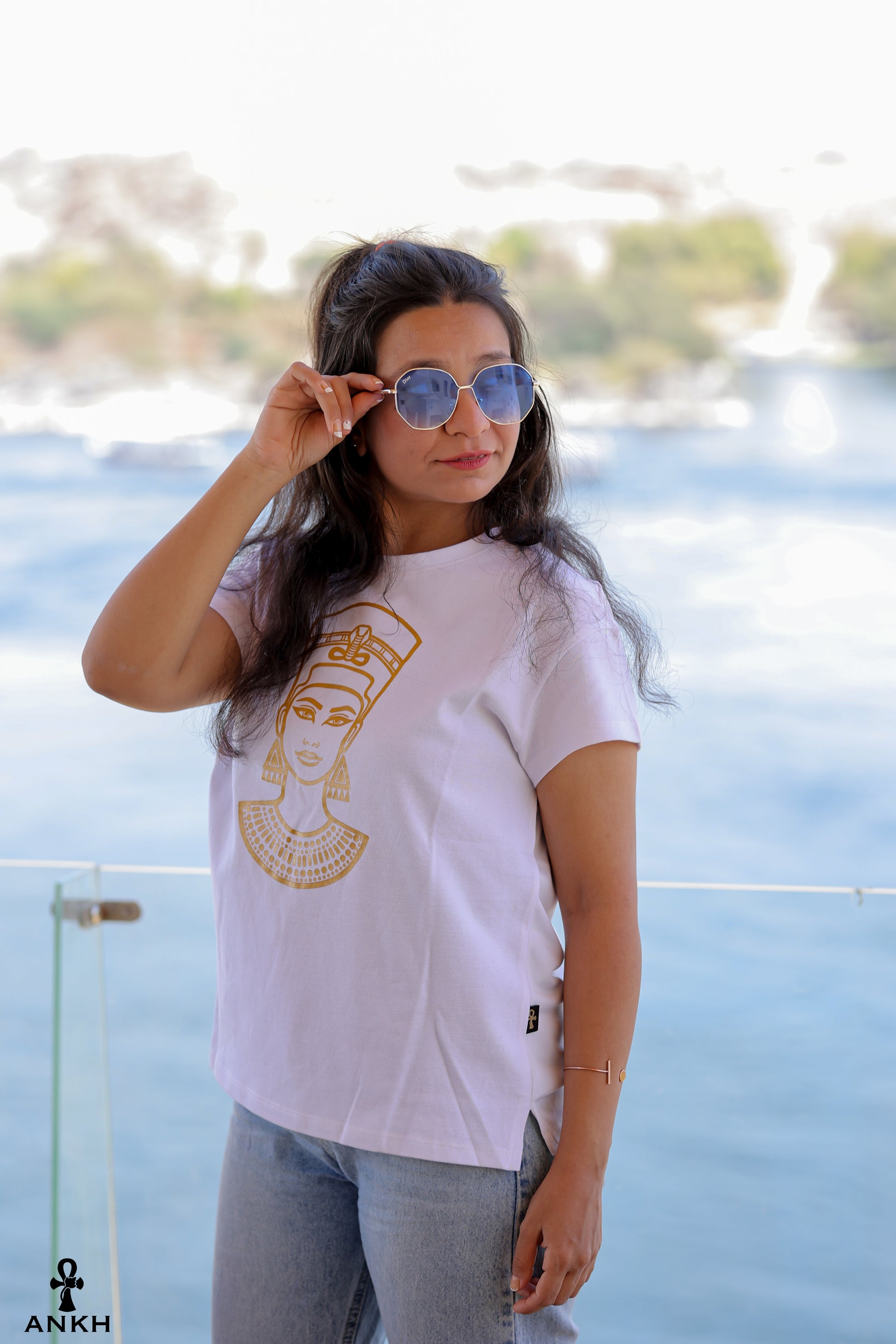 Cotton t-shirt for women with Egyptian Queen cleopatra print by Egyptian brand Ankh Egypt for authentic Egyptian fashion and styles