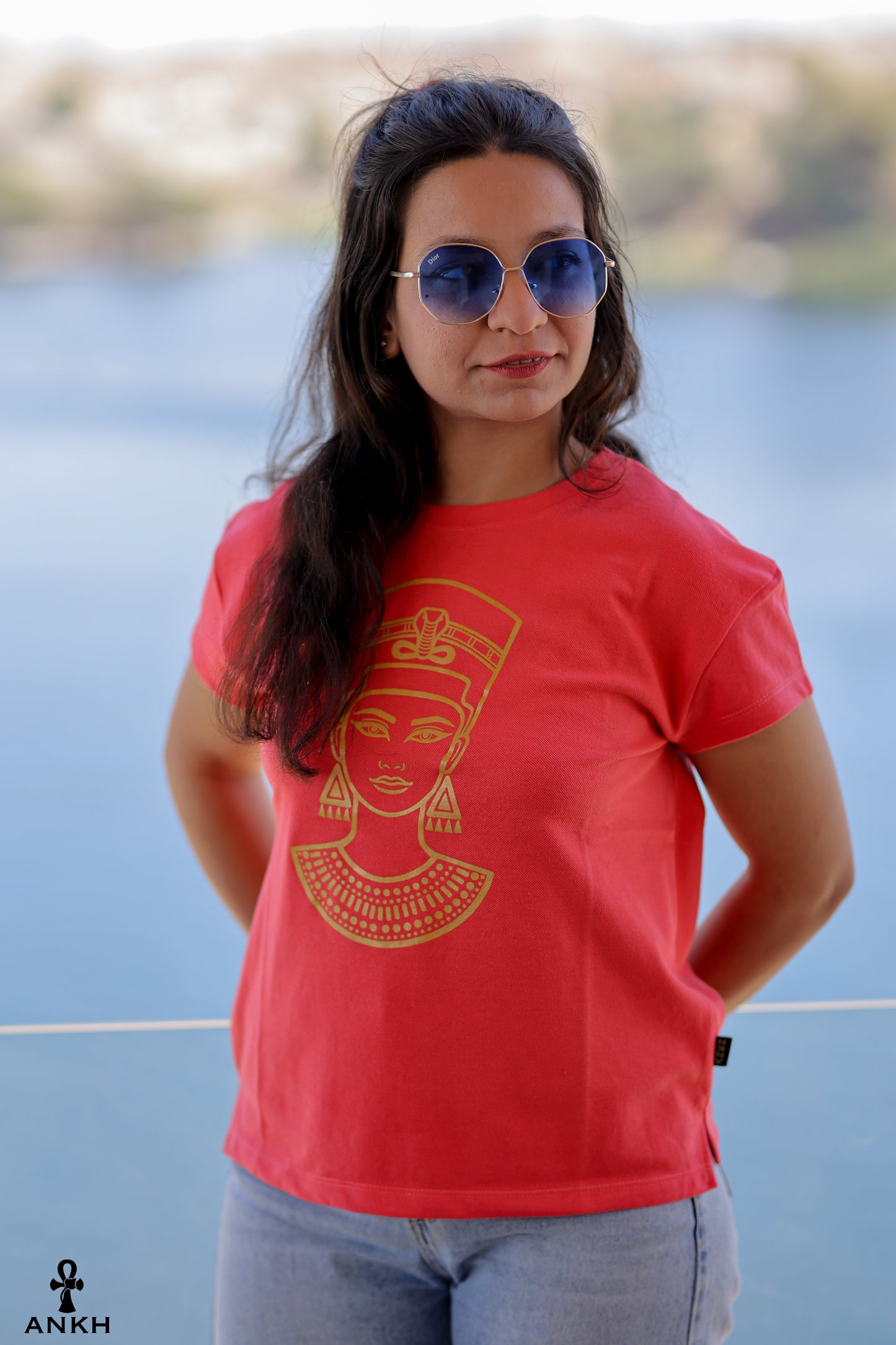 Cotton t-shirt for women with Egyptian Queen cleopatra print by Egyptian brand Ankh Egypt for authentic Egyptian fashion and styles