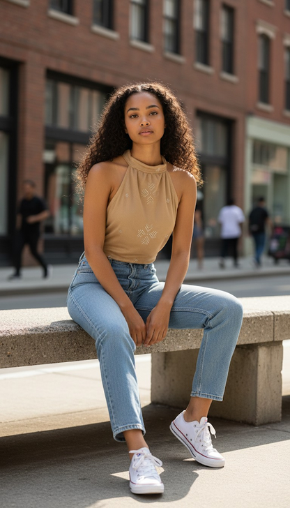 Woman sitting on a bench wearing a beige halter tally top and blue jeans in an urban setting