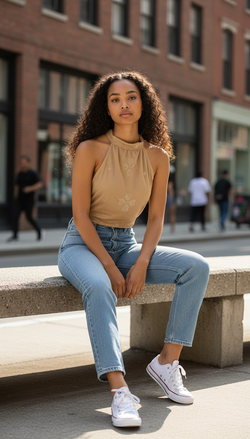 Woman sitting on a bench wearing a beige halter tally top and blue jeans in an urban setting