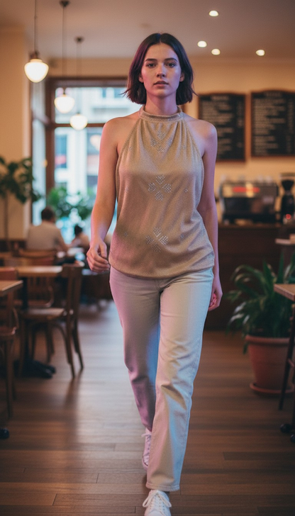 Woman walking through a cafe wearing a beige halter tally top and light-colored pants.