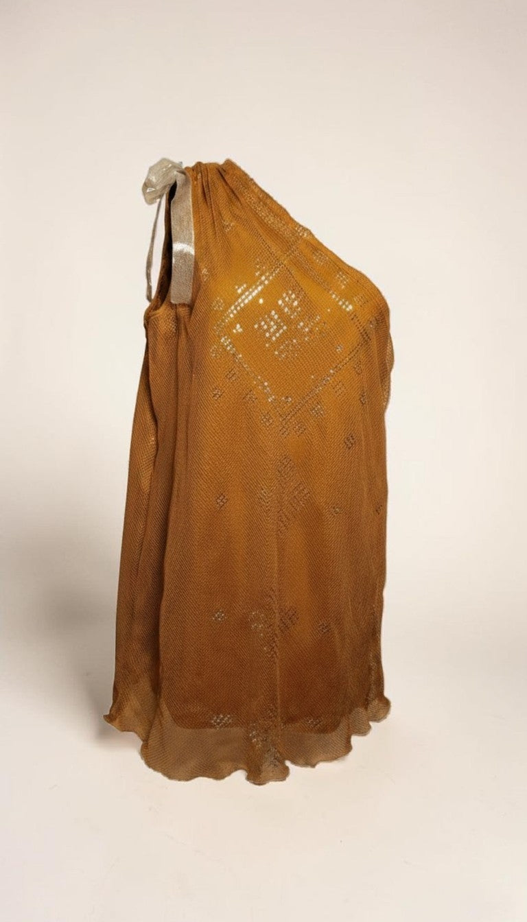 Brown embroidered one shoulder tally blouse on a white background