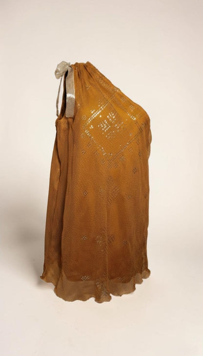 Brown embroidered one shoulder tally blouse on a white background