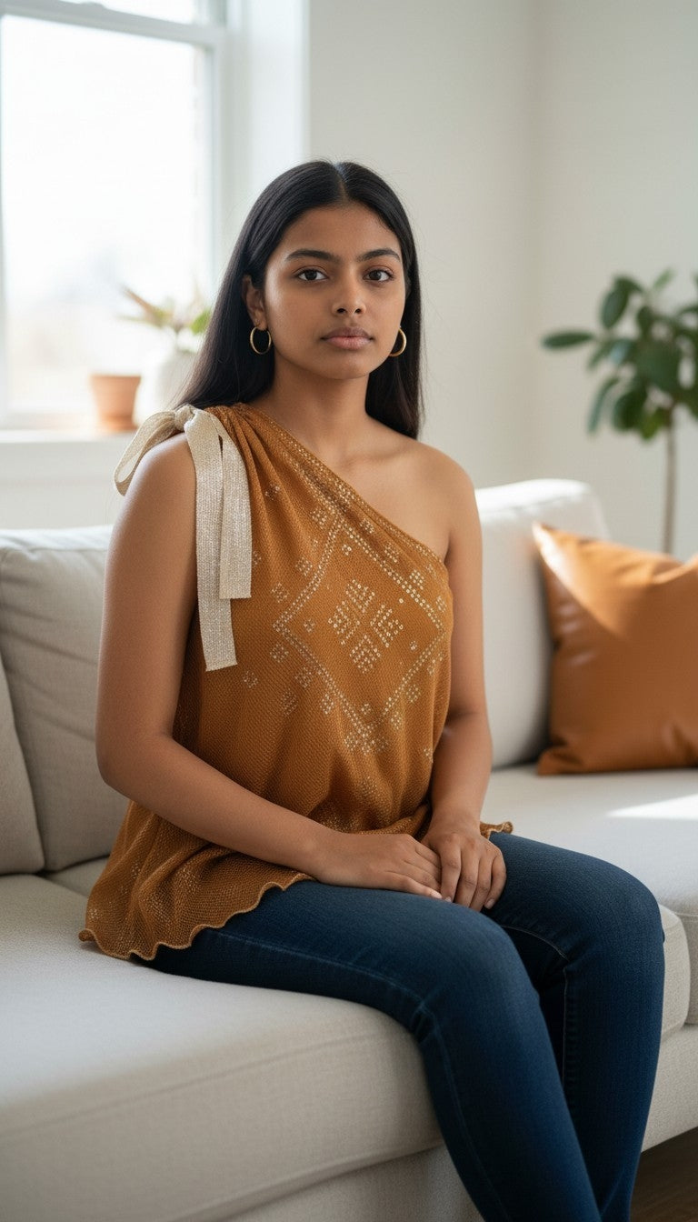 Woman sitting on a couch wearing a mustard yellow one-shoulder tally top blouse and blue jeans in a bright living room.