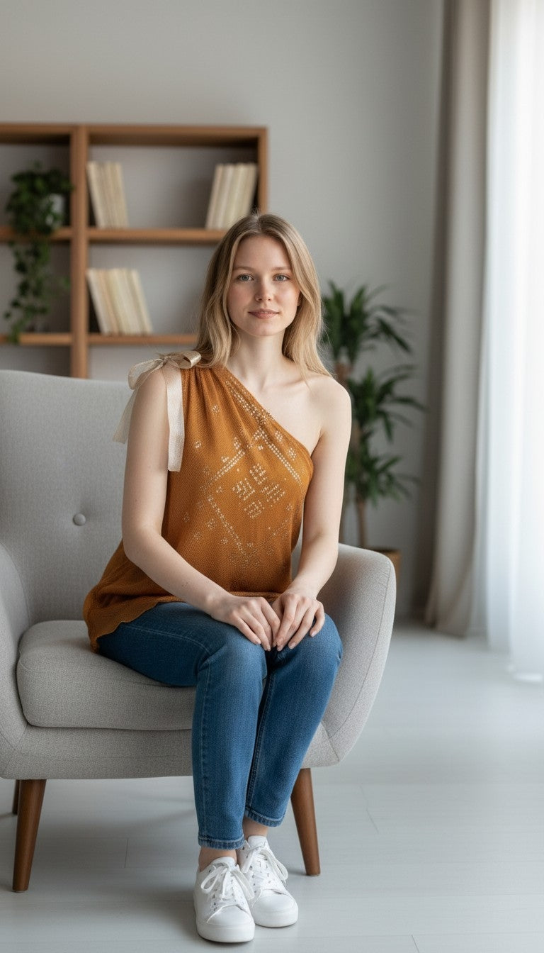 Woman sitting on a chair wearing a mustard yellow sleeveless, one-shoulder tally blouse top and blue jeans in a room with a bookshelf and plants.