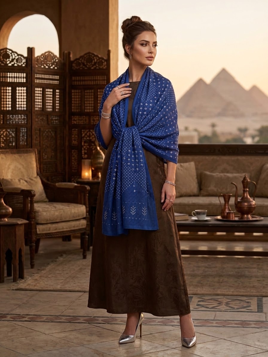 Tally Scarf Hand embroidered - Shawl - Assiuti Tally from Ankh (Heavy) - Royal Blue