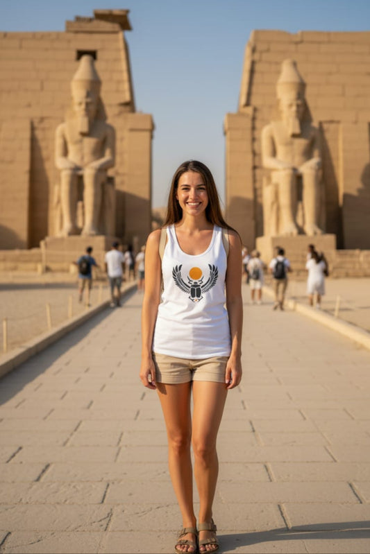 Woman standing in front of ancient temple statues with a clear blue sky.