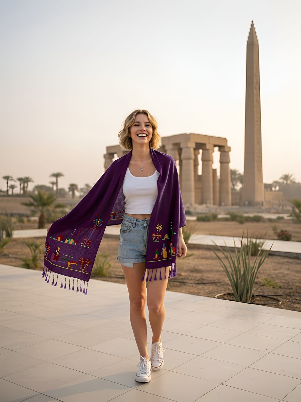 Hand-Made Cotton Scarf - Embroidered - Traditional Egyptian Colorful designs M06