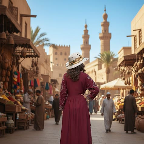 Woman in a red dress and white hat walking through a bustling market with traditional architecture.