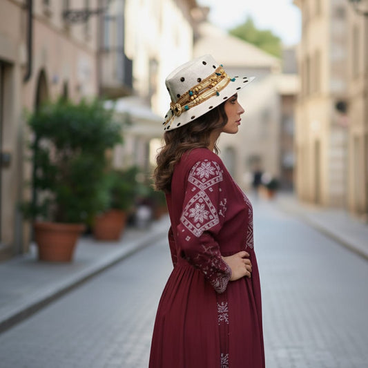 Woman in a burgundy dress with white embroidery and a decorative hat walking down a street.