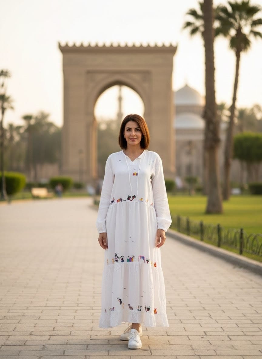 Hand-Made Long Sleeve Cotton Dress | Gallabia - Embroidered - Egyptian traditional designs M04