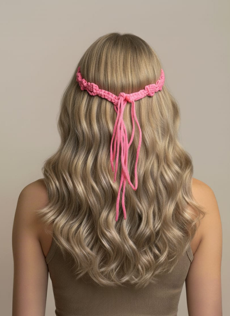 Person wearing a pink macrame headband with a neutral background