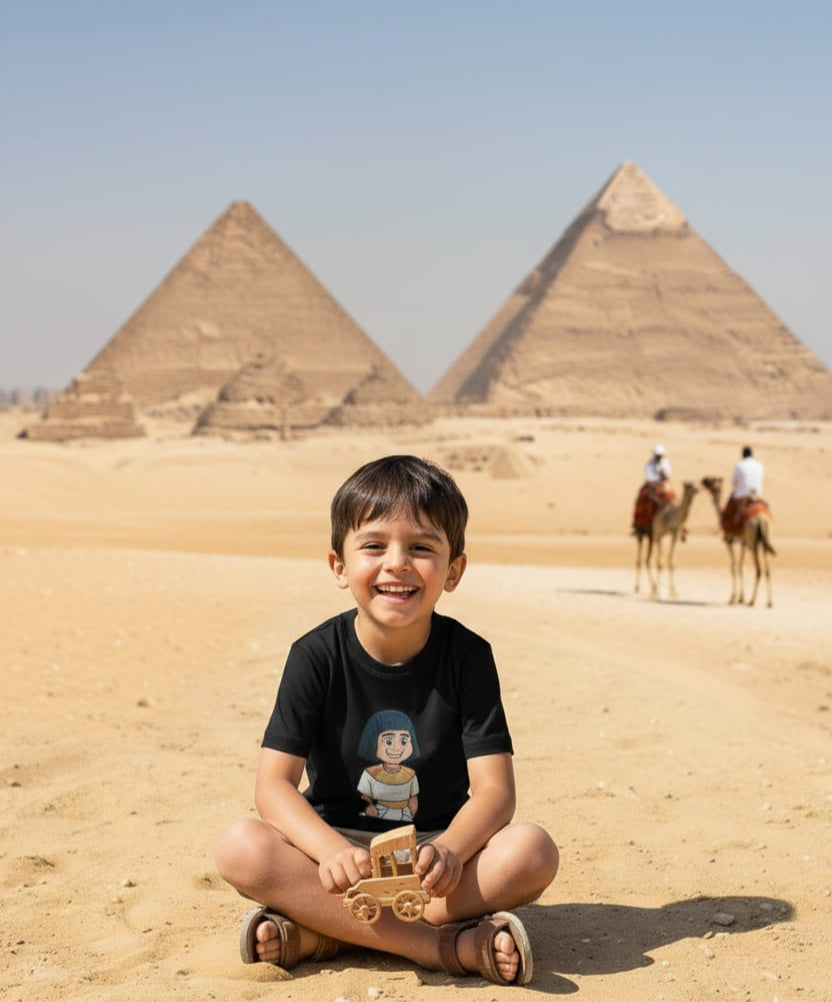 Child sitting in front of pyramids with camels in the background