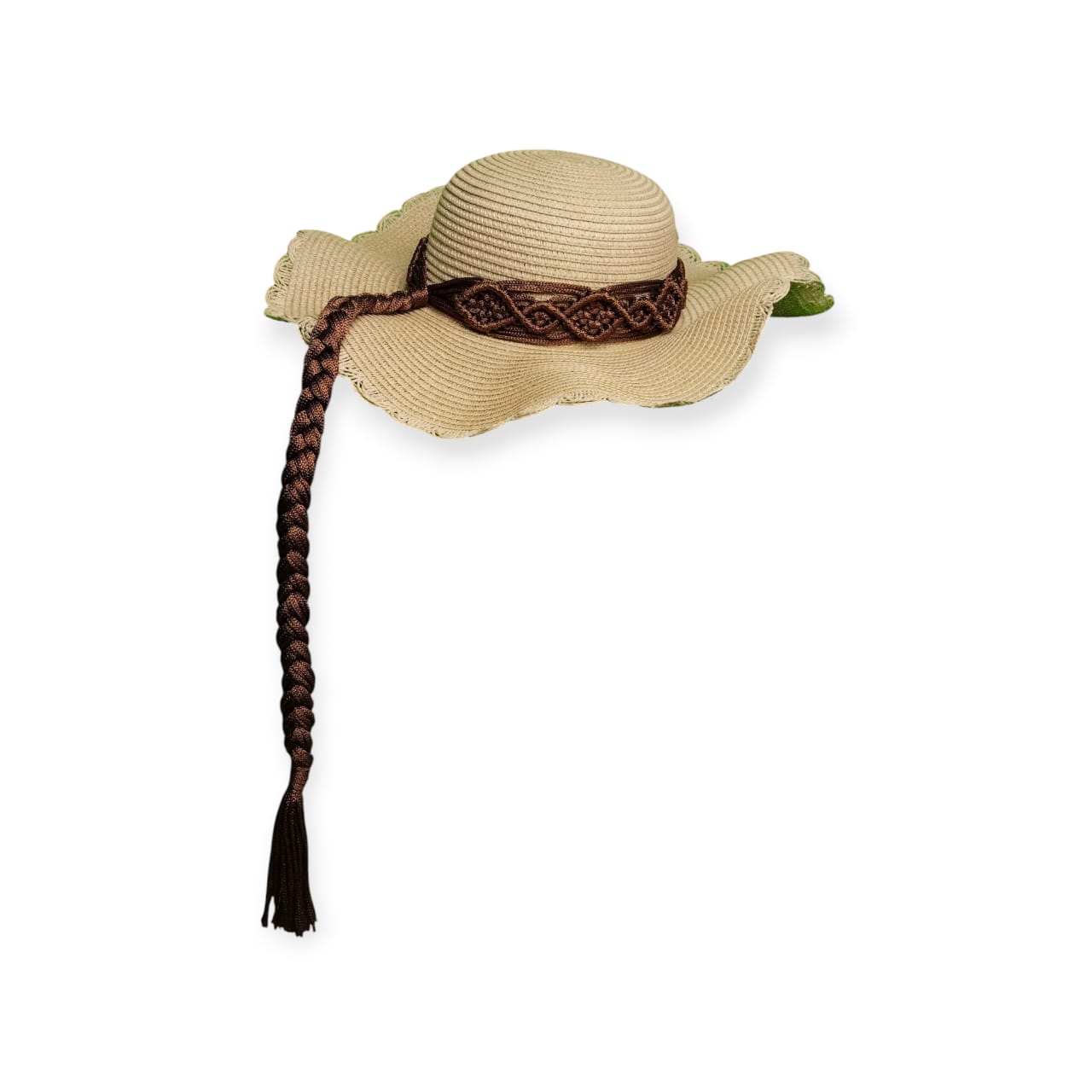 Beige straw hat with a braided brown ribbon on a white background