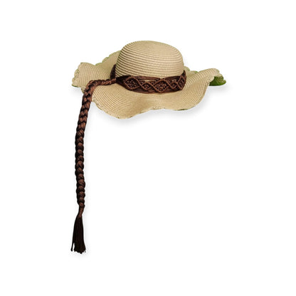 Beige straw hat with a braided brown ribbon on a white background