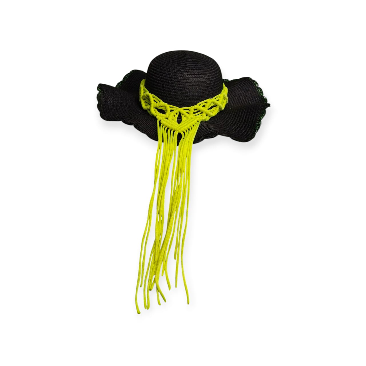 Black straw hat with a yellow fringe on a white background