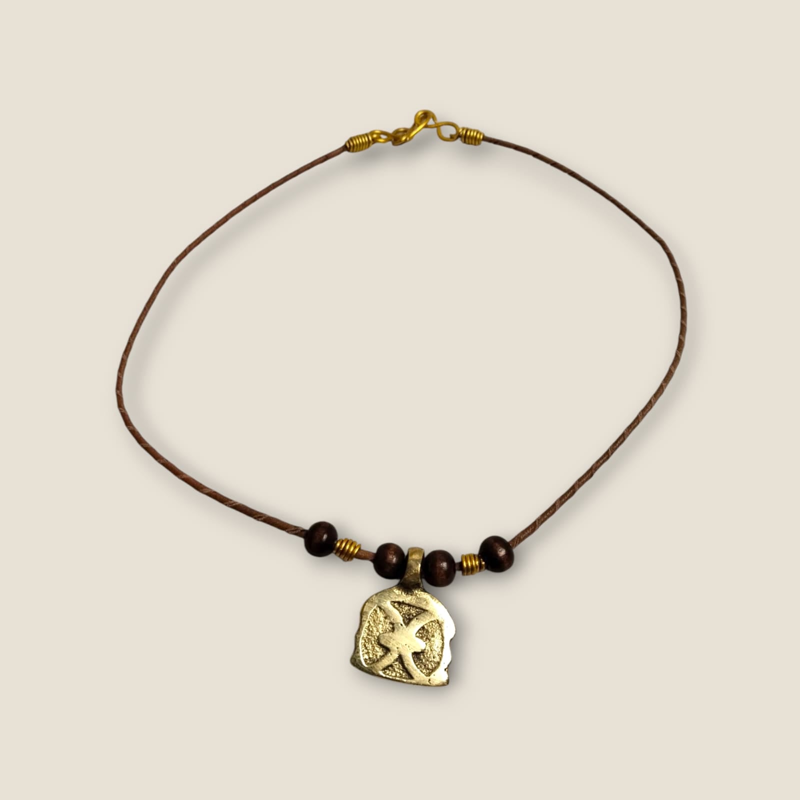 Ancient Egyptian Inspired Brass Pendant Necklace - Handcrafted Geometric Medallion with Brown Cord