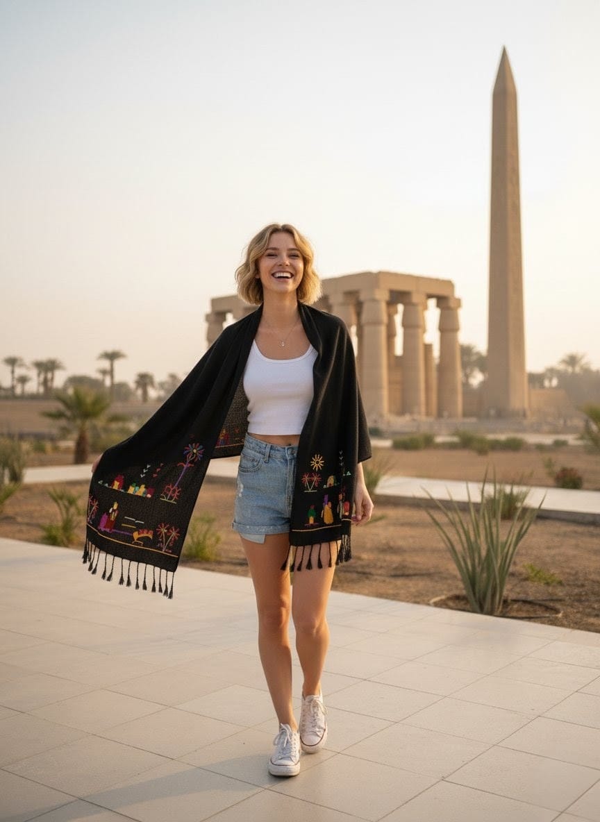 Hand-Made Cotton Scarf - Embroidered - Traditional Egyptian Colorful designs M06