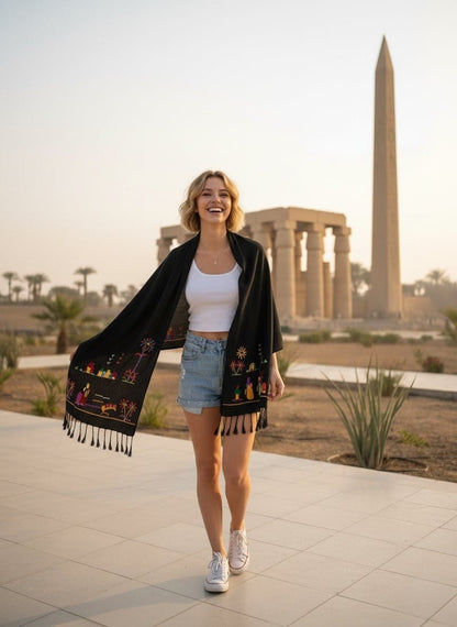 Hand-Made Cotton Scarf - Embroidered - Traditional Egyptian Colorful designs M06