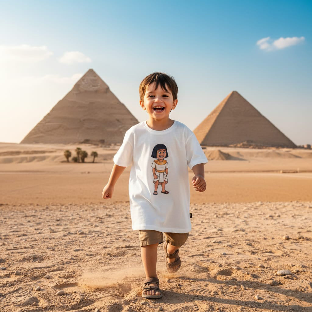 Child running in front of pyramids wearing a white t-shirt with a graphic design.