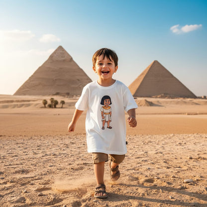 Child running in front of pyramids wearing a white t-shirt with a graphic design.