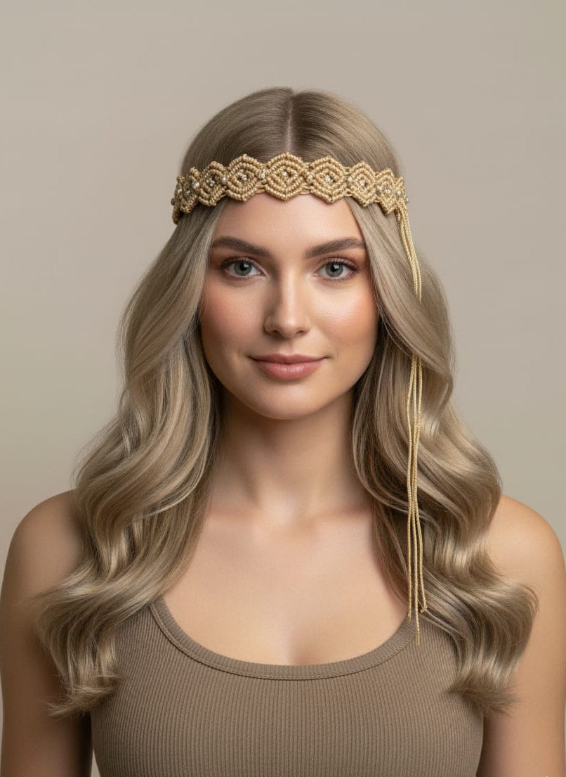 Woman wearing a gold headband with intricate design on a neutral background