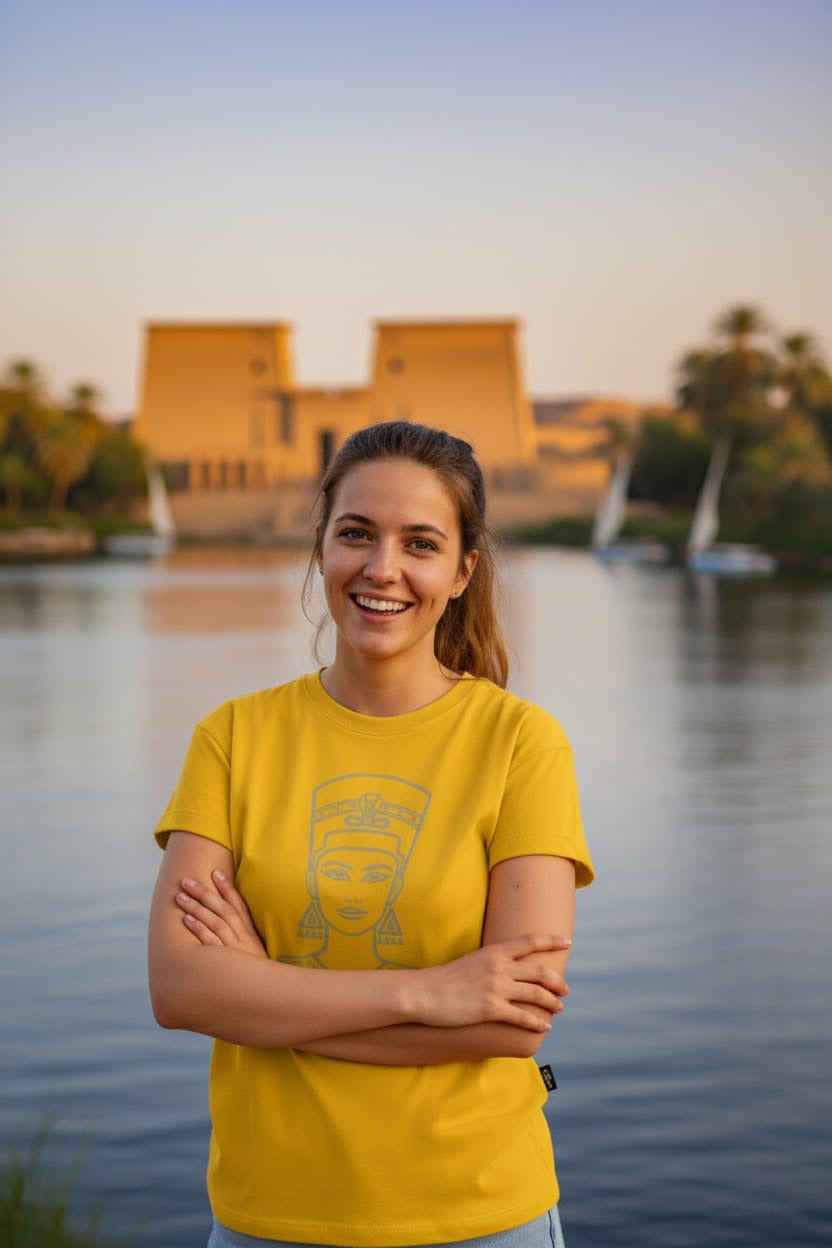 Woman in a yellow shirt standing by a lake with a building and palm trees in the background