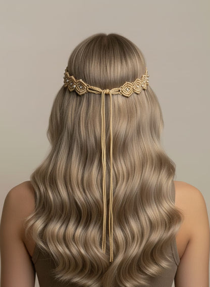 Woman with long blonde hair wearing a decorative gold headband against a neutral background