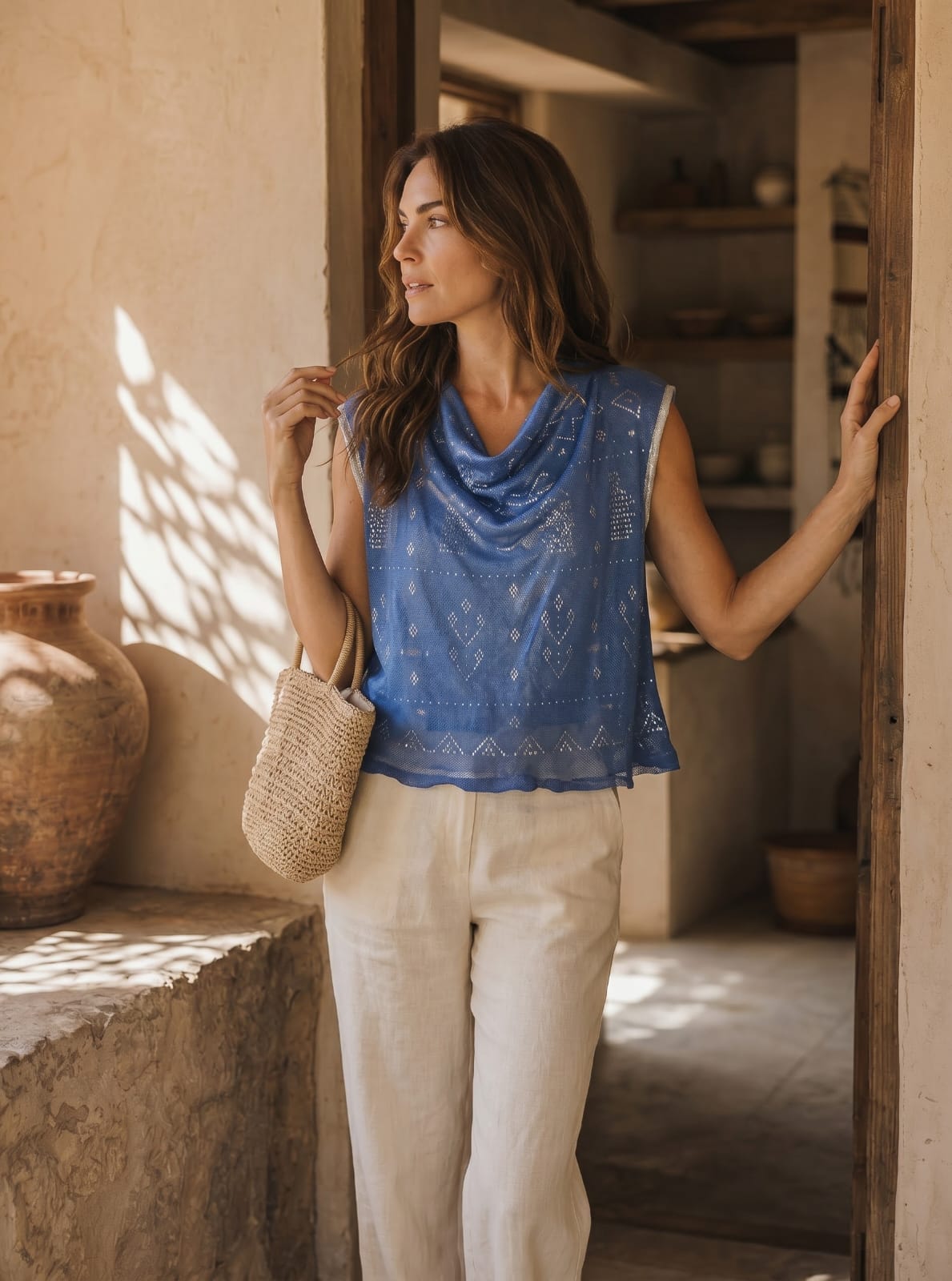Woman in a blue sleeveless tally top and beige pants standing in a sunlit room with rustic decor.