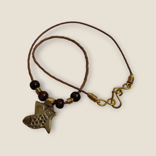 Ancient Egyptian-Inspired Brass Bird Amulet Necklace with Leather Cord - Ankh Spiritual Jewelry