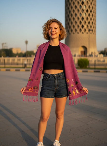 Hand-Made Cotton Scarf - Embroidered - Traditional Egyptian Colorful designs M06