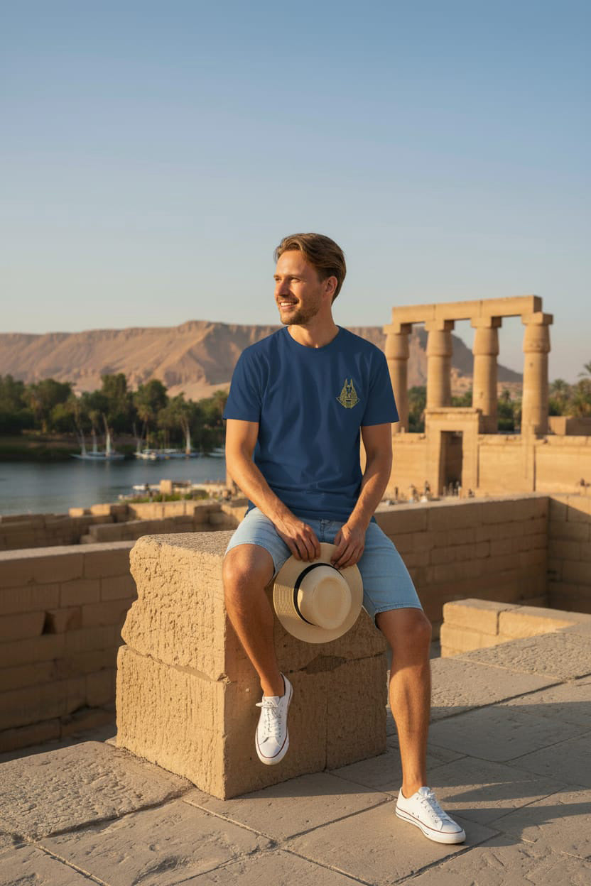 Man sitting on ancient ruins wearing a blue t-shirt and shorts, with a scenic background.